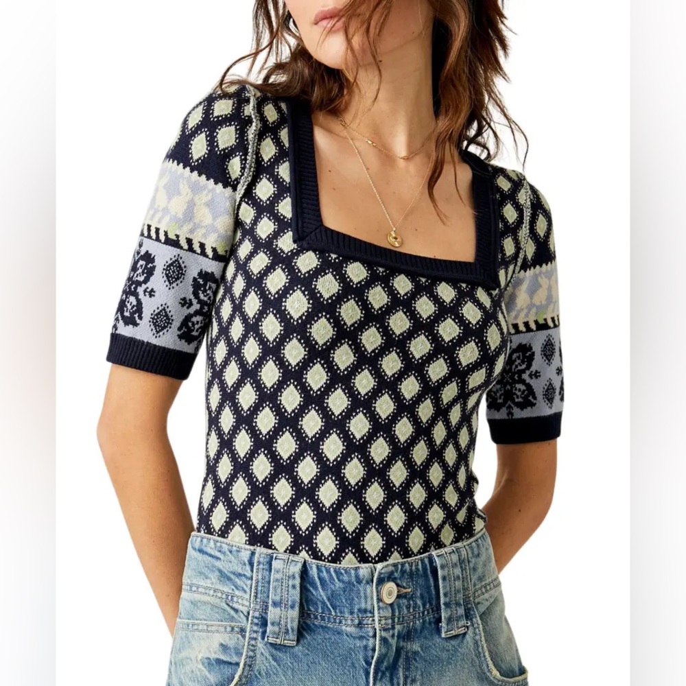 NWT Free People Intimately Snow Bunny Square Neck Bodysuit Navy and Cream Size L